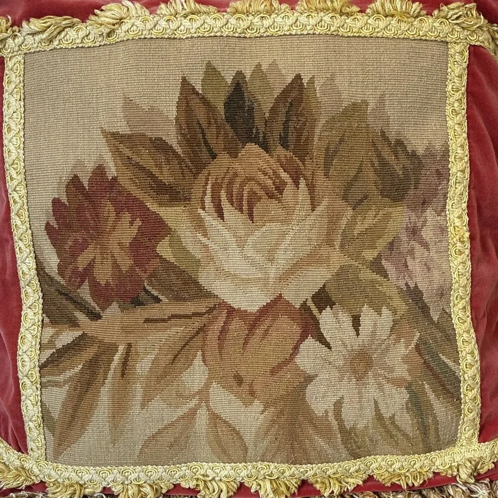Vintage Velvet Floral Square Decorative Pillow Case Red/Gold Fringe Zipper